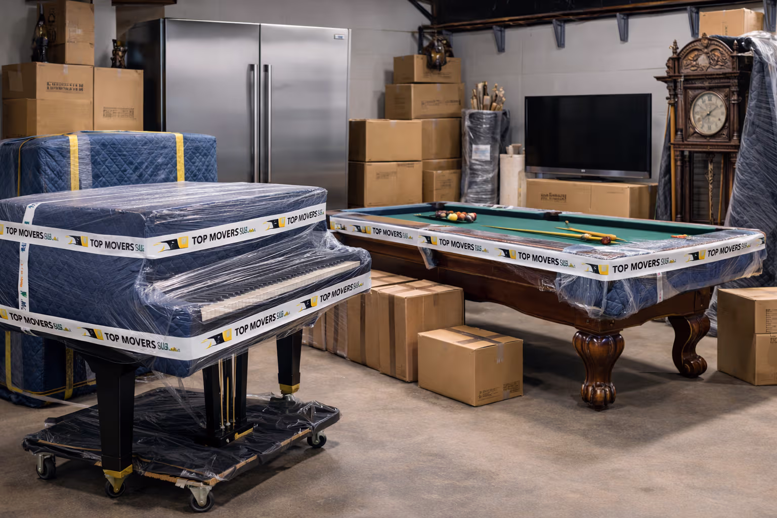 Professional movers transporting a piano and heavy safe during specialty item relocation in Austin TX